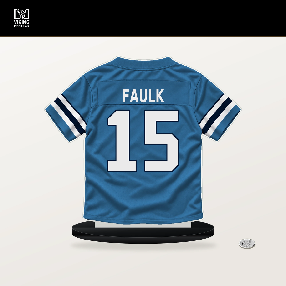 Keldric Faulk number 15 Tennessee Titans jersey stand with included black base.