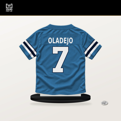 Oluwafemi Oladejo number 7 Tennessee Titans jersey stand with included black base.