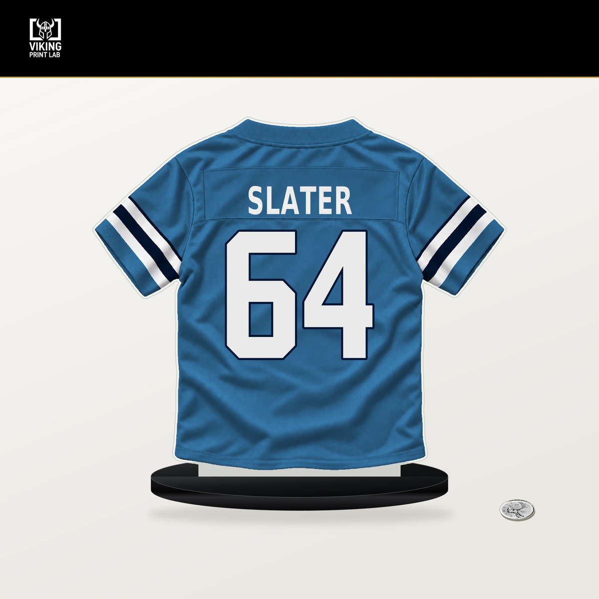 Jackson Slater number 64 Tennessee Titans jersey stand with included black base.