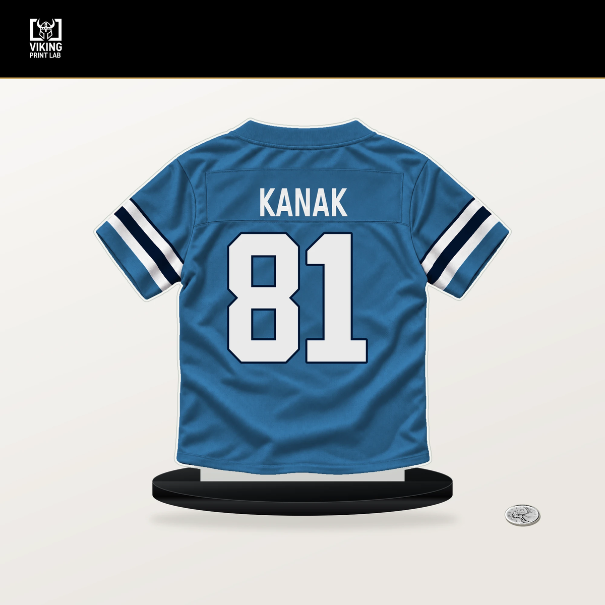 Jaren Kanak number 81 Tennessee Titans jersey stand with included black base.
