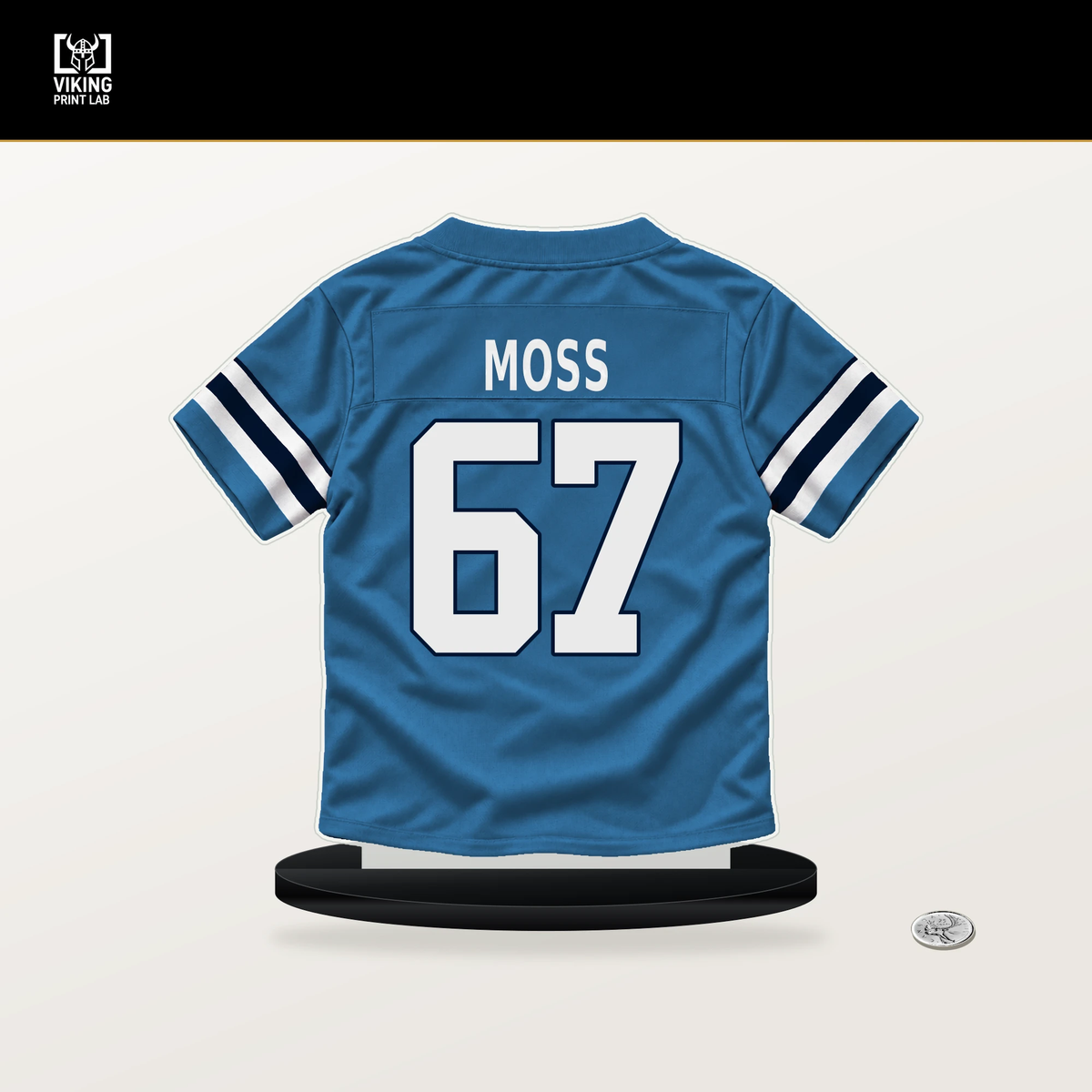 Drew Moss number 67 Tennessee Titans jersey stand with included black base.