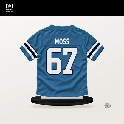 Drew Moss number 67 Tennessee Titans jersey stand with included black base.