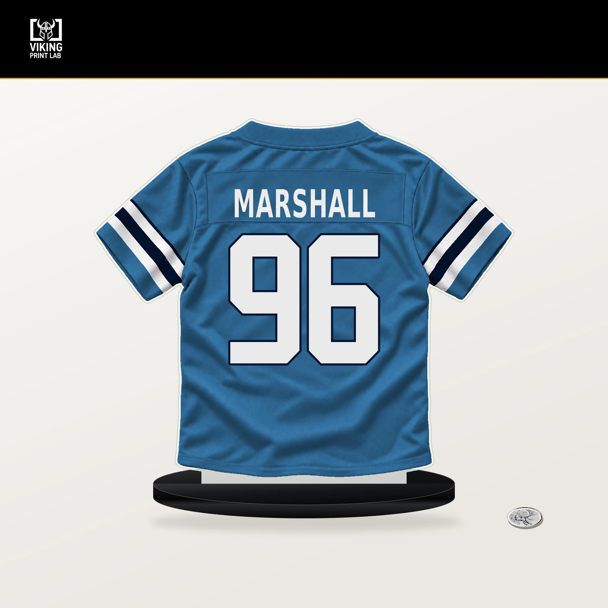 Jackie Marshall number 96 Tennessee Titans jersey stand with included black base.