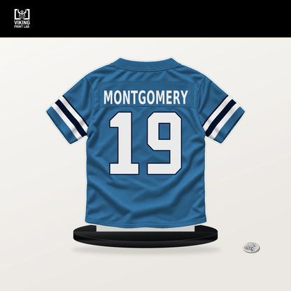 Tyren Montgomery number 19 Tennessee Titans jersey stand with included black base.