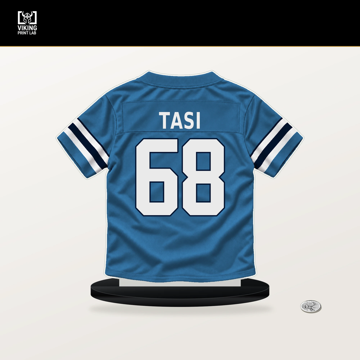 Laki Tasi number 68 Tennessee Titans jersey stand with included black base.