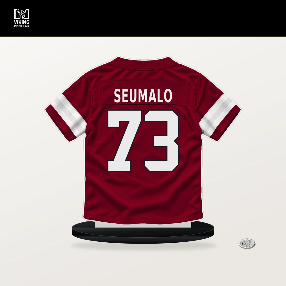Isaac Seumalo number 73 Arizona Cardinals jersey stand with included black base.
