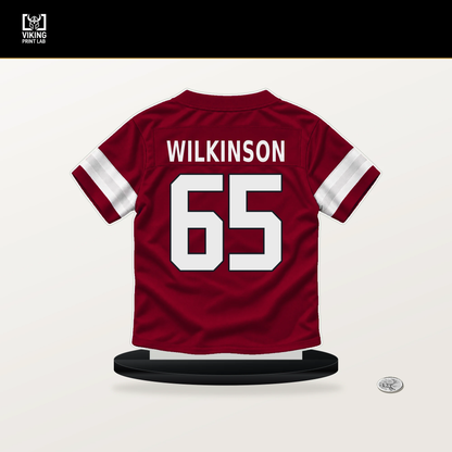 Elijah Wilkinson number 65 Arizona Cardinals jersey stand with included black base.