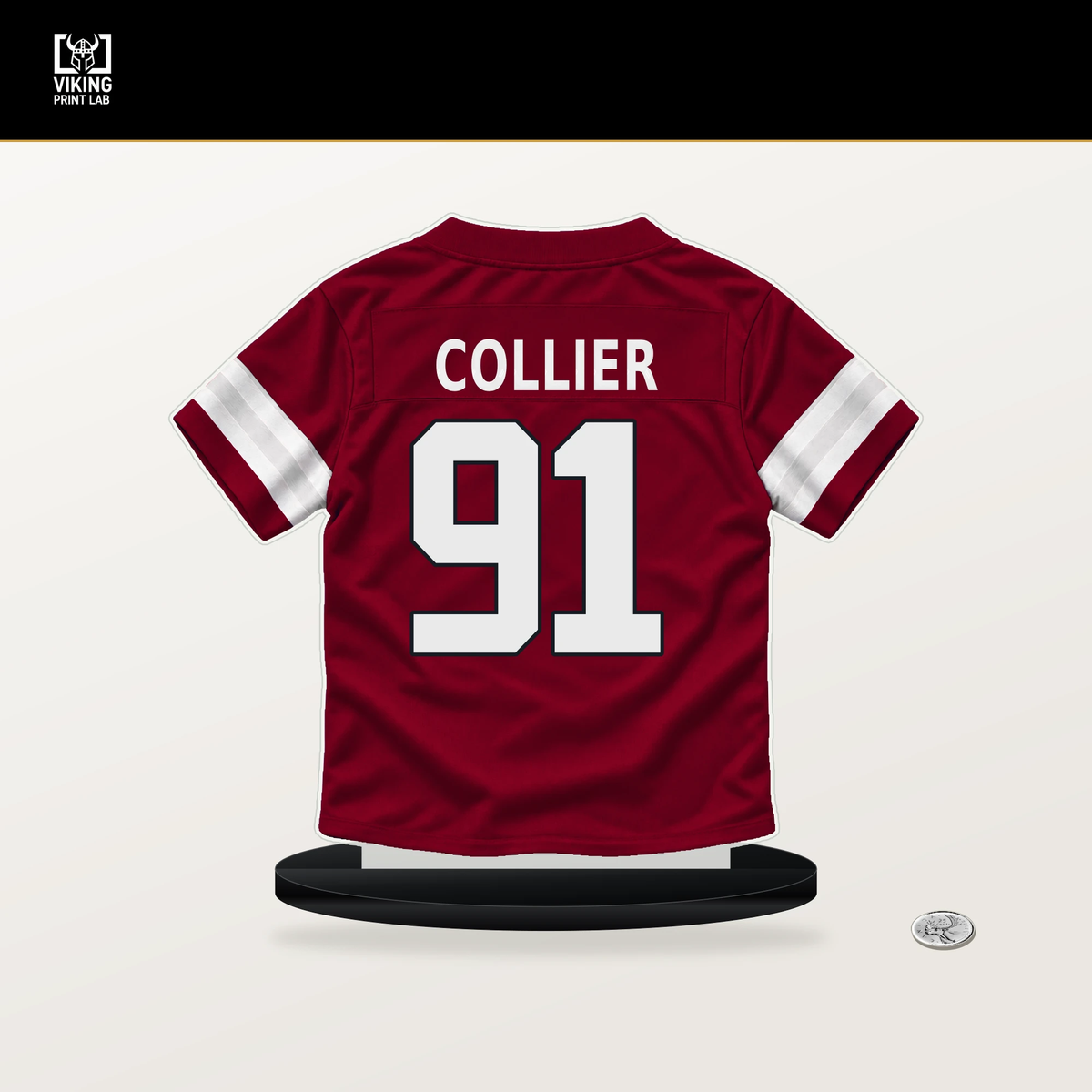 L.J. Collier number 91 Arizona Cardinals jersey stand with included black base.