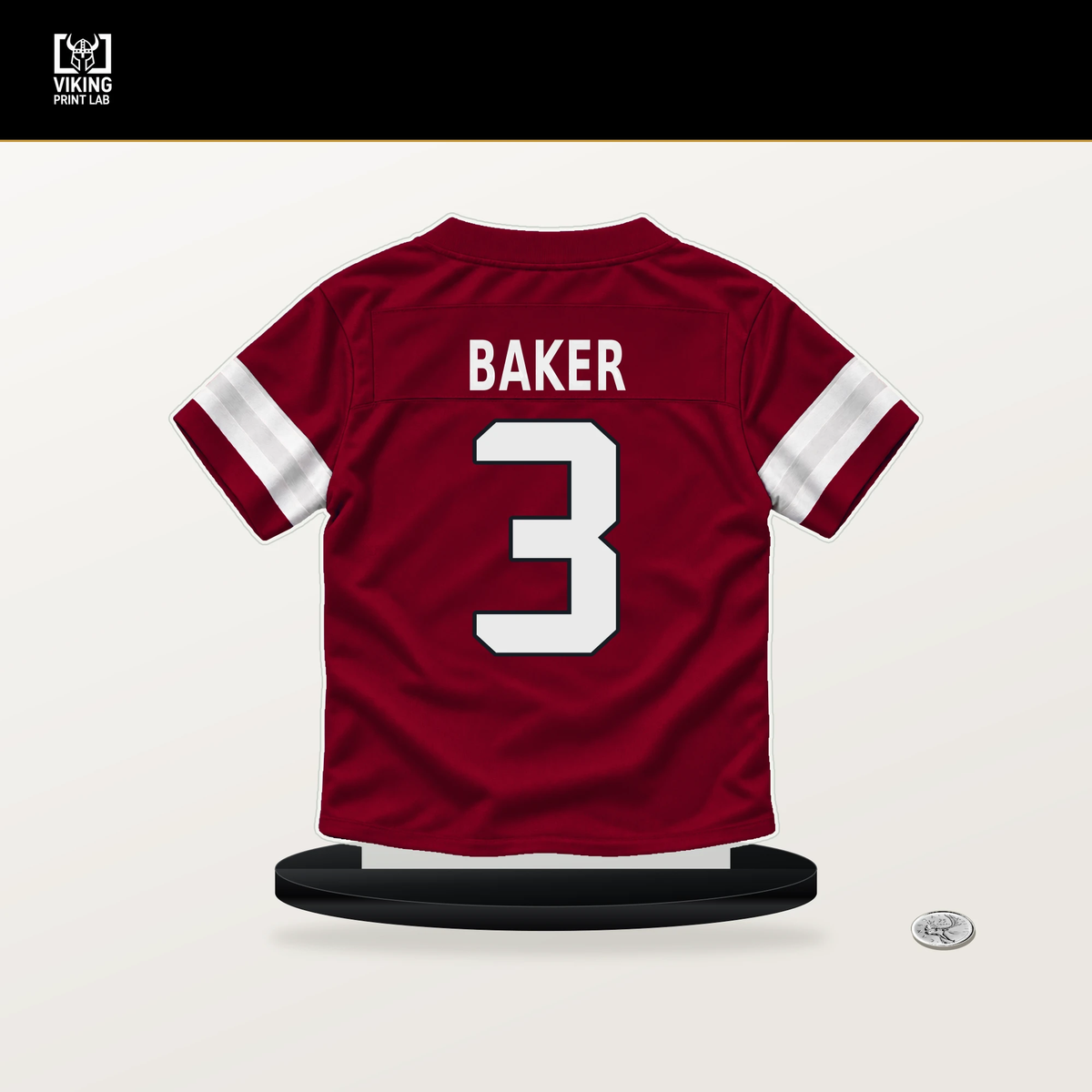 Budda Baker number 3 Arizona Cardinals jersey stand with included black base.