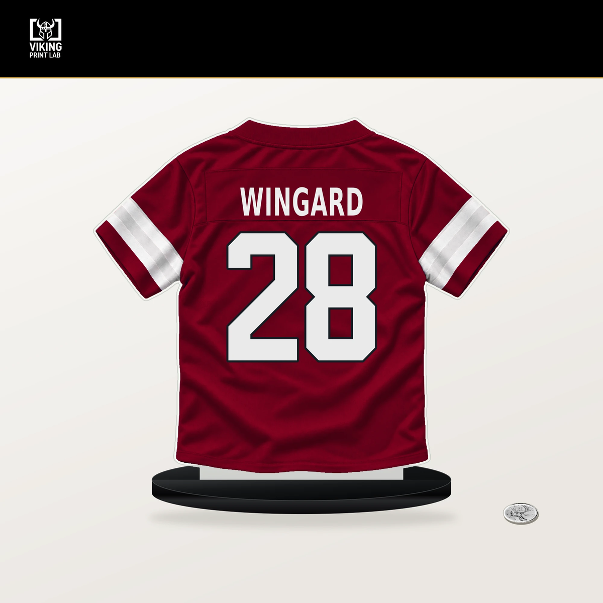 Andrew Wingard number 28 Arizona Cardinals jersey stand with included black base.