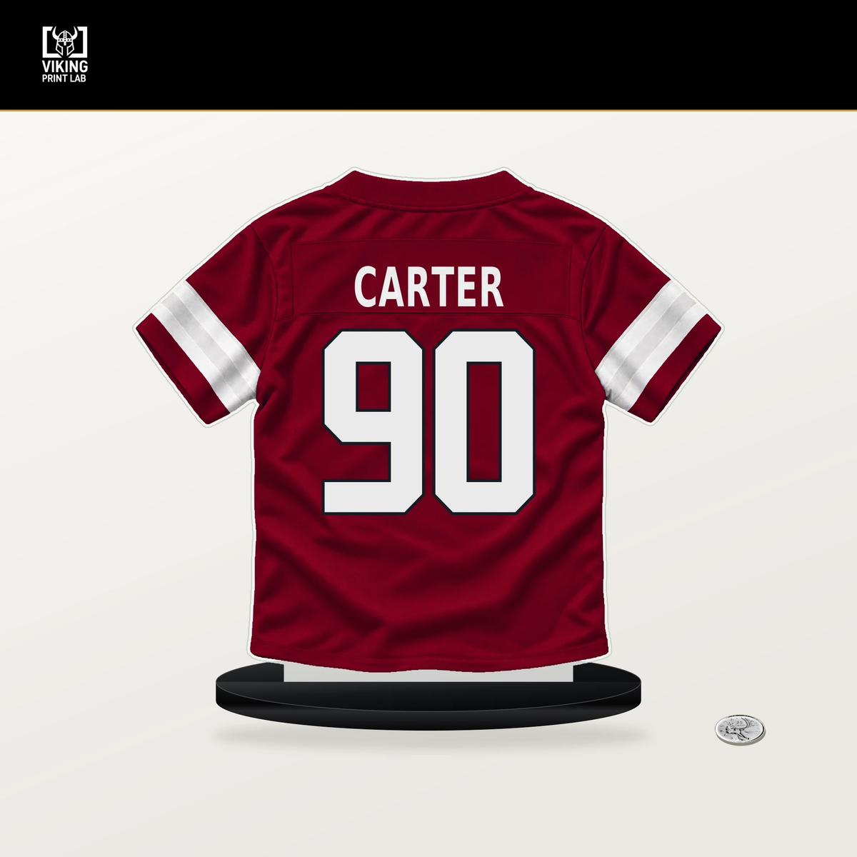 Zachary Carter number 90 Arizona Cardinals jersey stand with included black base.