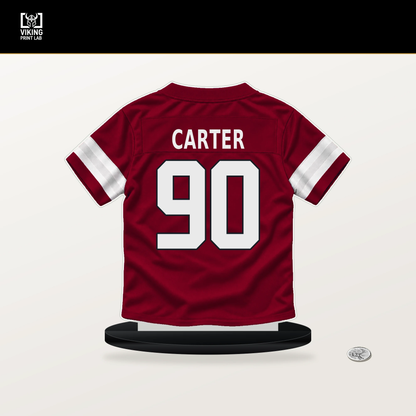 Zachary Carter number 90 Arizona Cardinals jersey stand with included black base.