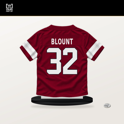 Joey Blount number 32 Arizona Cardinals jersey stand with included black base.