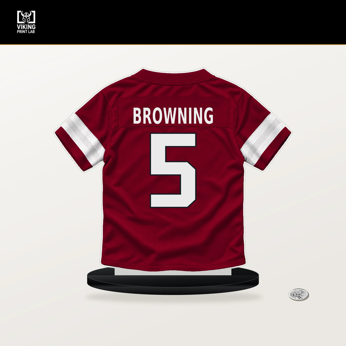 Baron Browning number 5 Arizona Cardinals jersey stand with included black base.