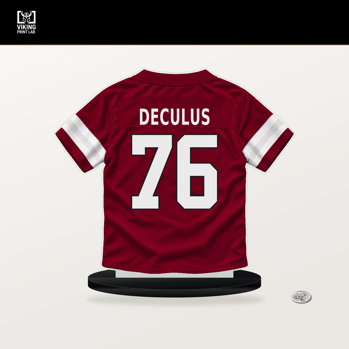 Austin Deculus number 76 Arizona Cardinals jersey stand with included black base.