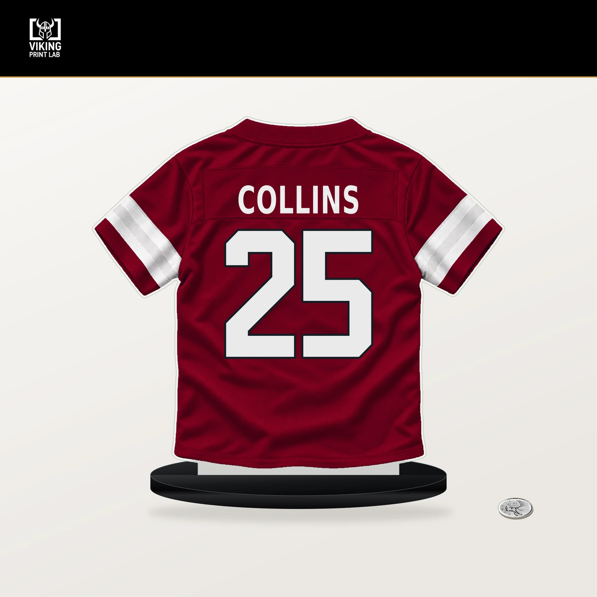 Zaven Collins number 25 Arizona Cardinals jersey stand with included black base.