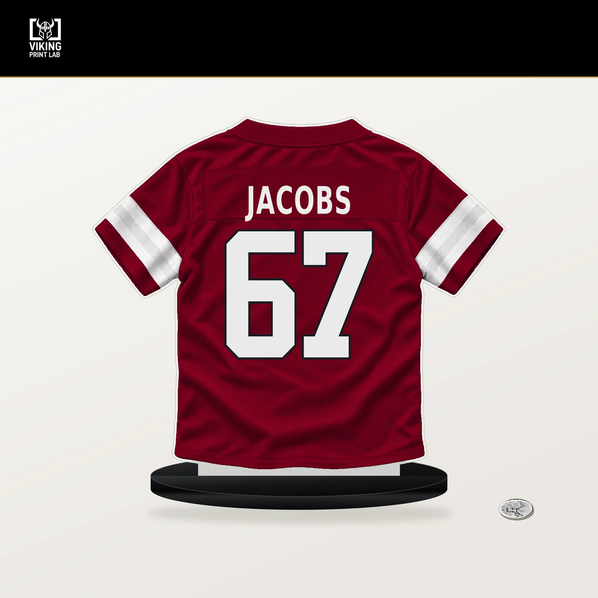 Demontrey Jacobs number 67 Arizona Cardinals jersey stand with included black base.
