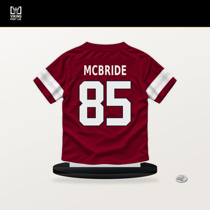 Trey McBride number 85 Arizona Cardinals jersey stand with included black base.