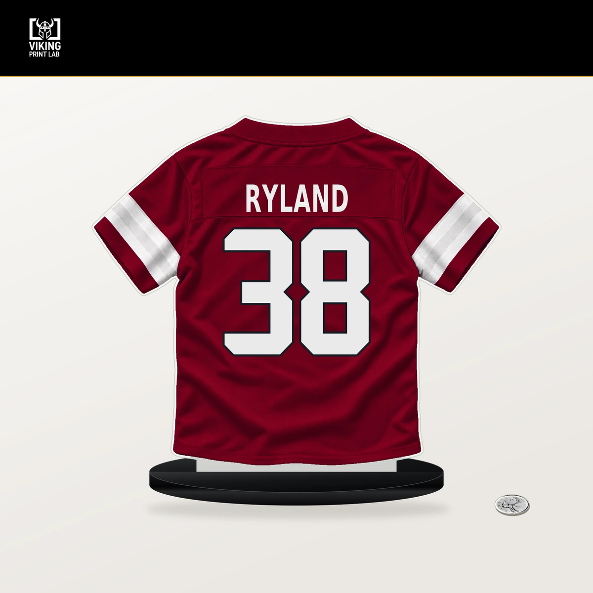 Chad Ryland number 38 Arizona Cardinals jersey stand with included black base.