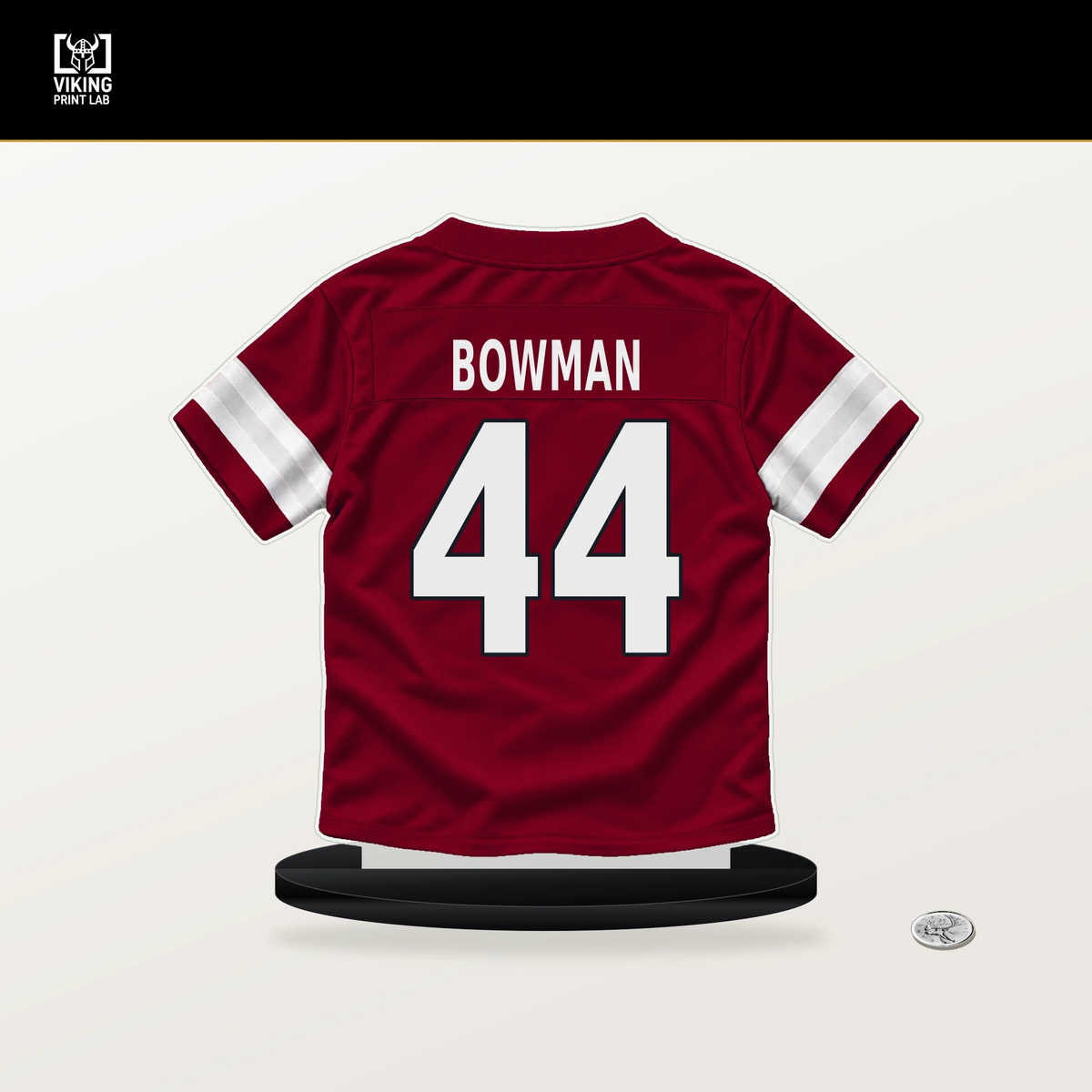 Shawn Bowman number 44 Arizona Cardinals jersey stand with included black base.