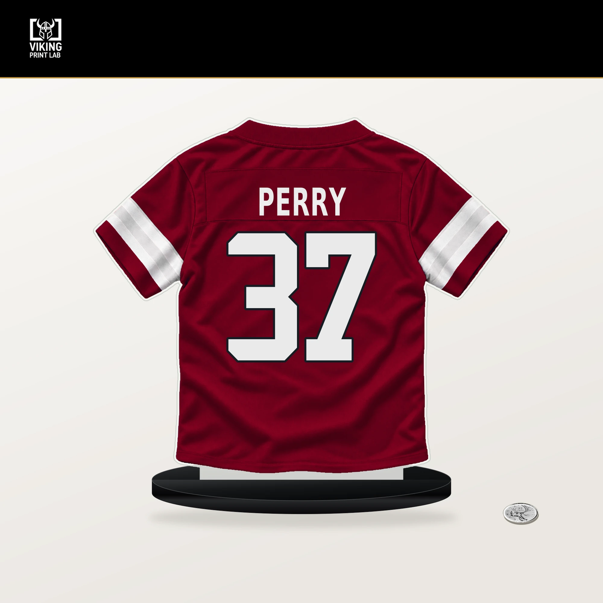 Mark Perry number 37 Arizona Cardinals jersey stand with included black base.
