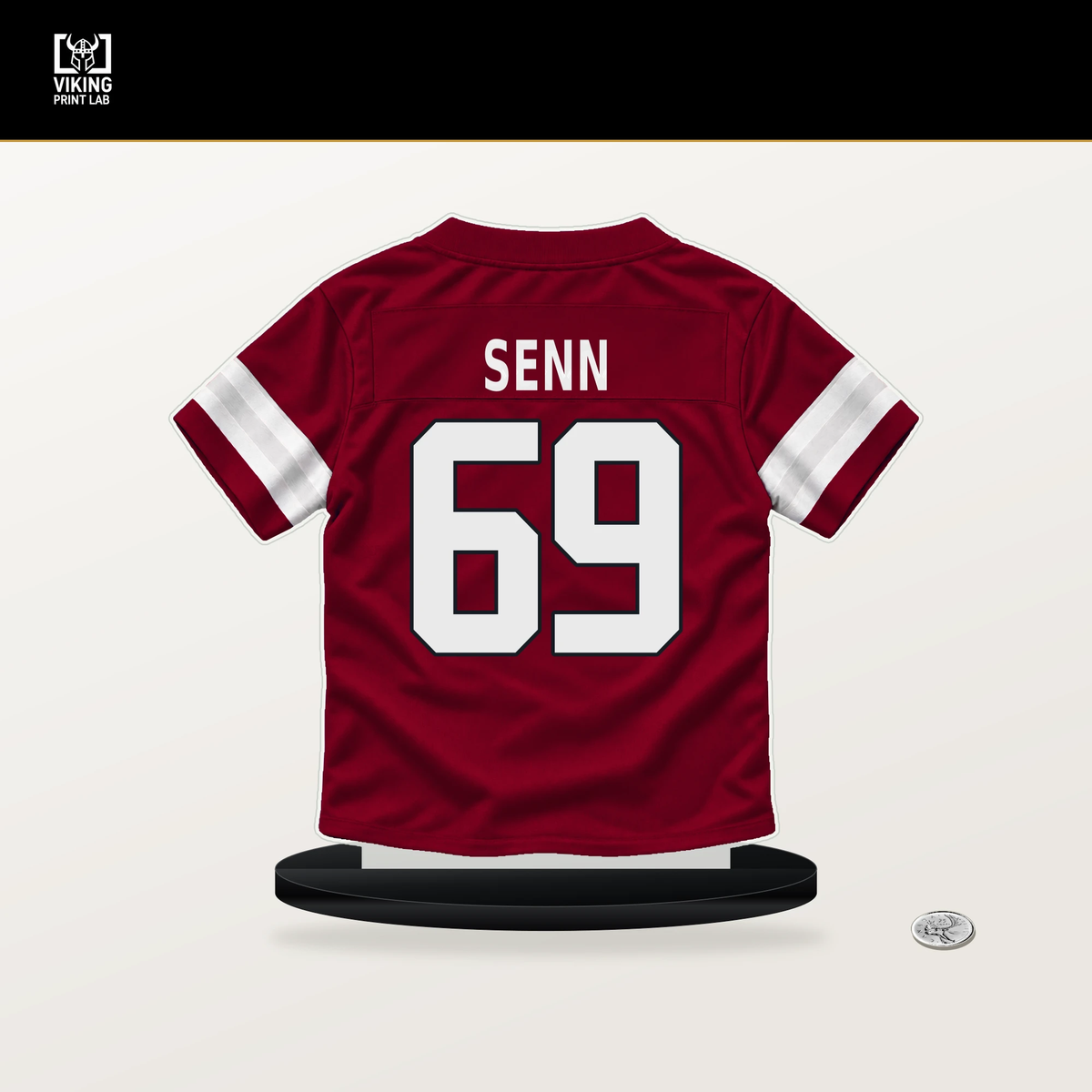 Valentin Senn number 69 Arizona Cardinals jersey stand with included black base.