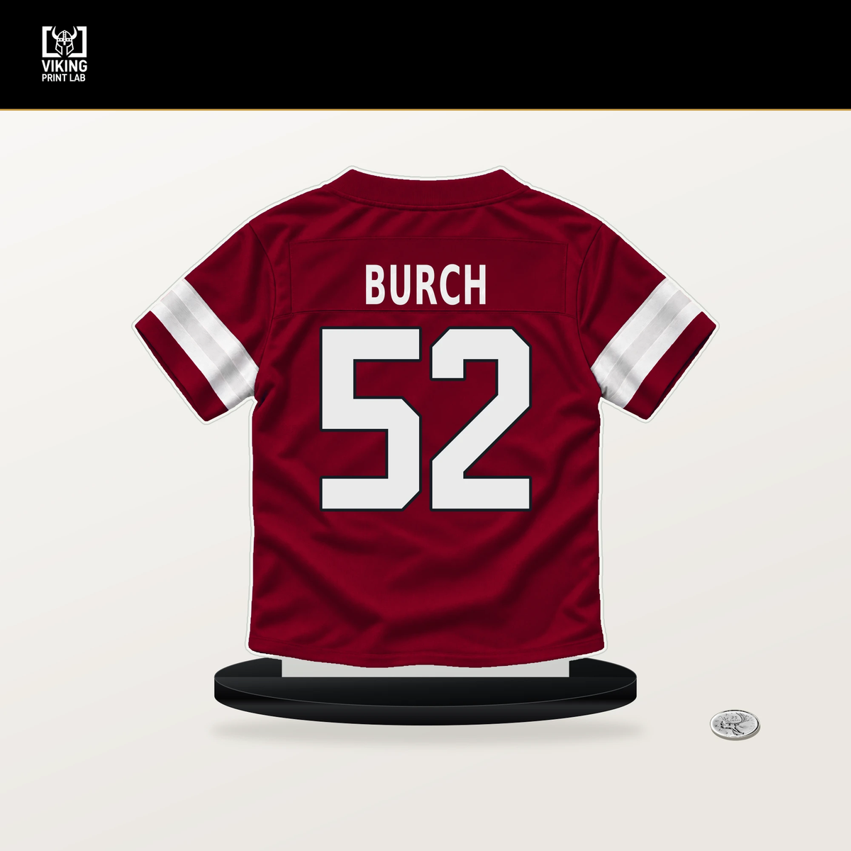 Jordan Burch number 52 Arizona Cardinals jersey stand with included black base.