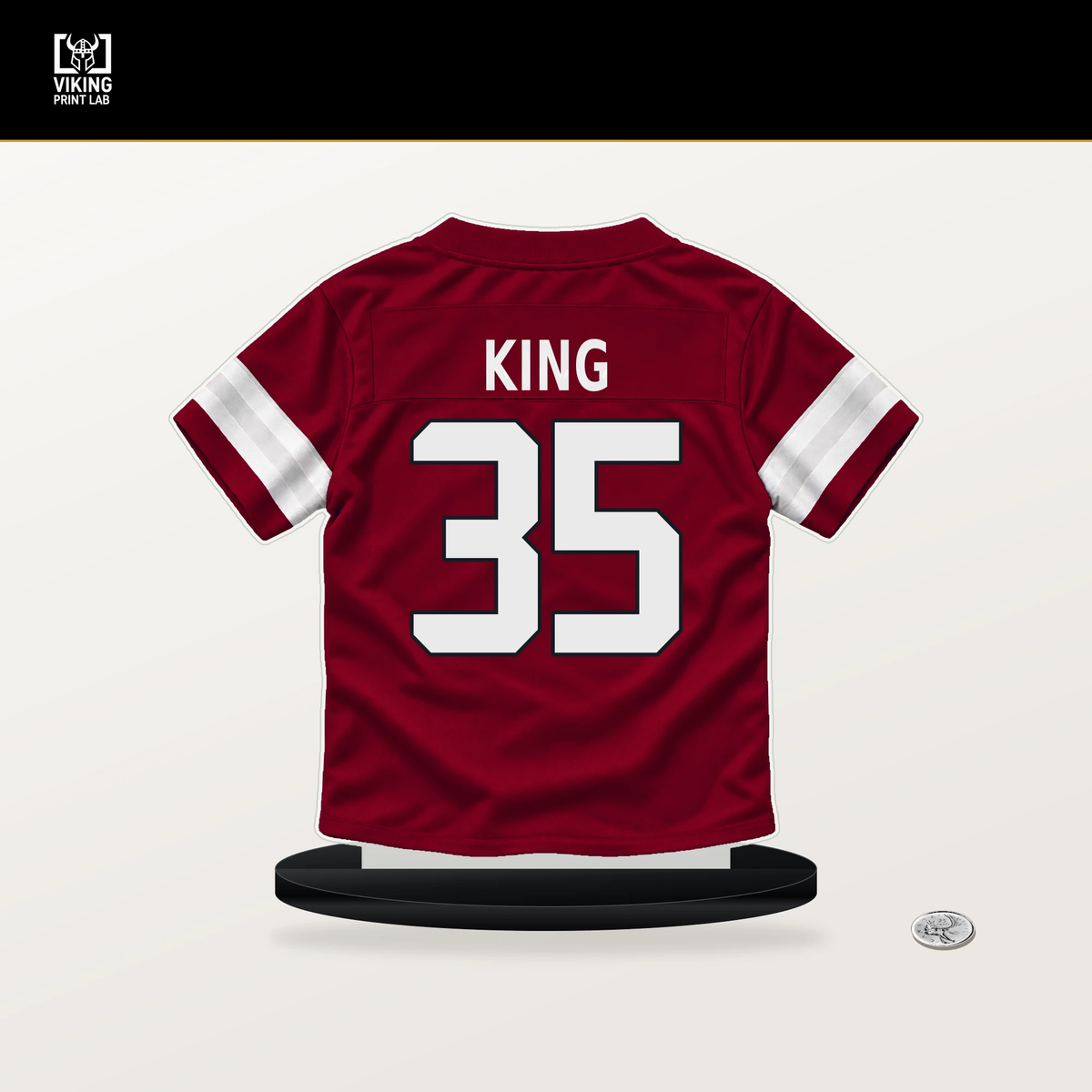 Kalen King number 35 Arizona Cardinals jersey stand with included black base.