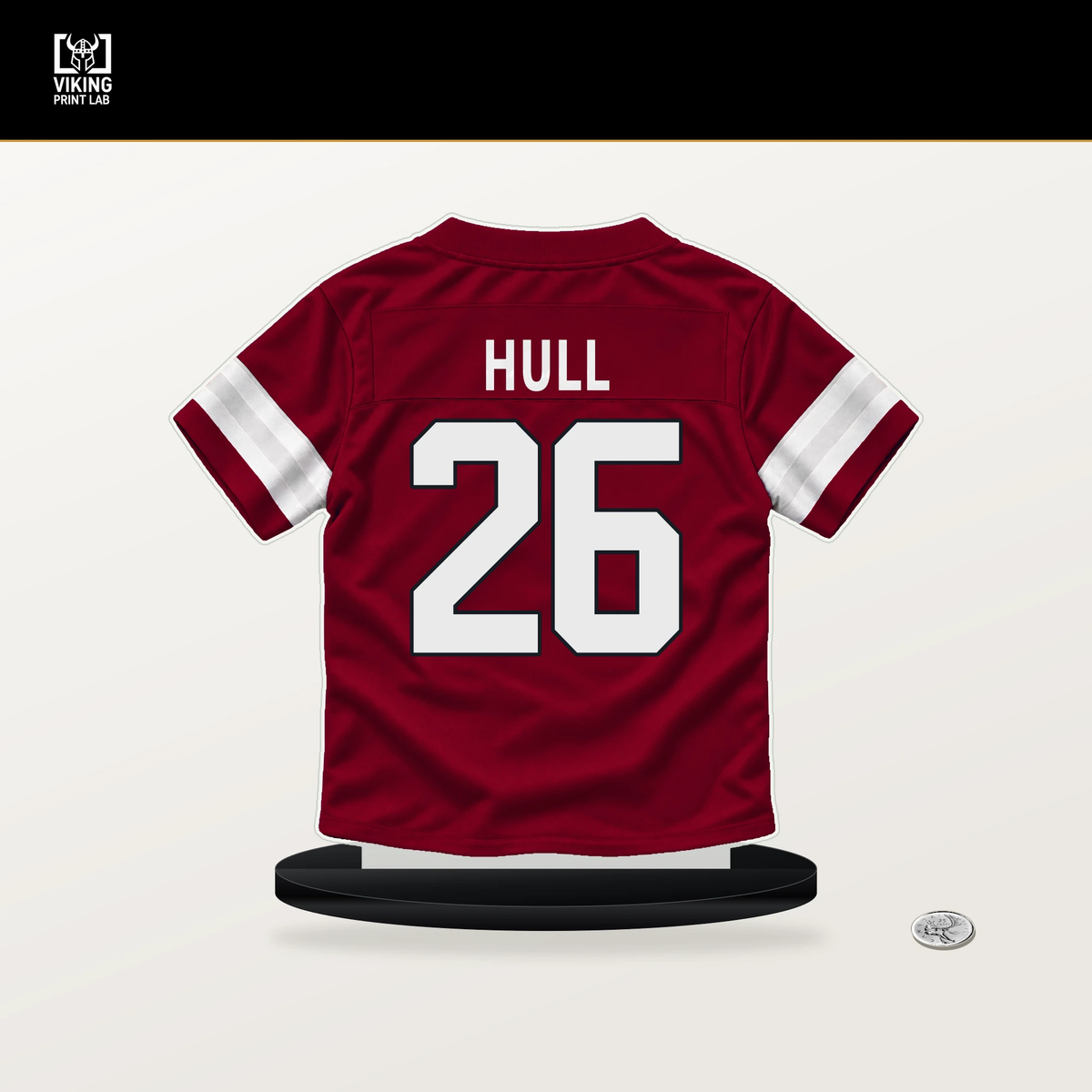 Evan Hull number 26 Arizona Cardinals jersey stand with included black base.