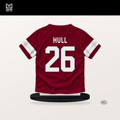 Evan Hull number 26 Arizona Cardinals jersey stand with included black base.