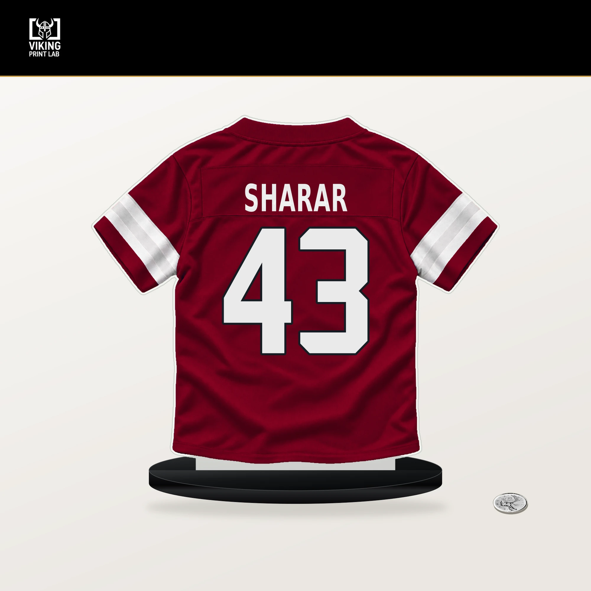 Karson Sharar number 43 Arizona Cardinals jersey stand with included black base.