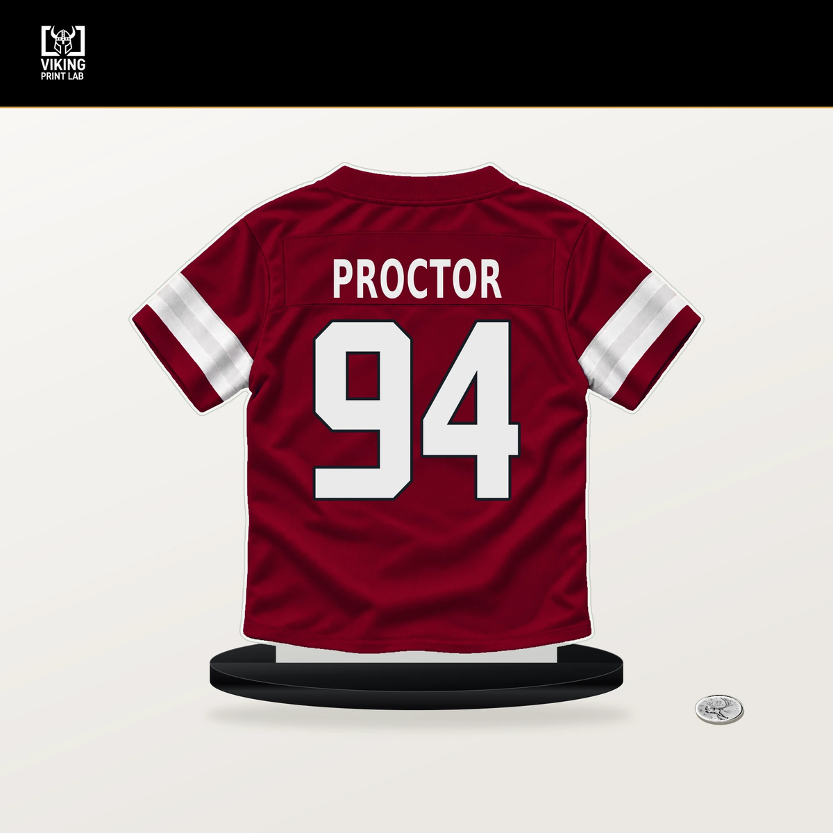 Kaleb Proctor number 94 Arizona Cardinals jersey stand with included black base.