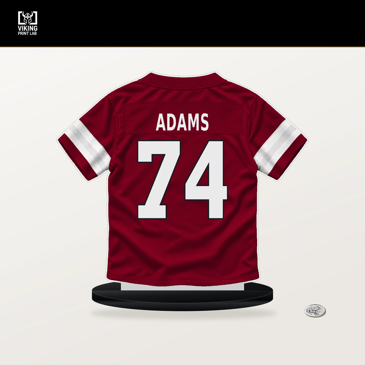 Isaiah Adams number 74 Arizona Cardinals jersey stand with included black base.
