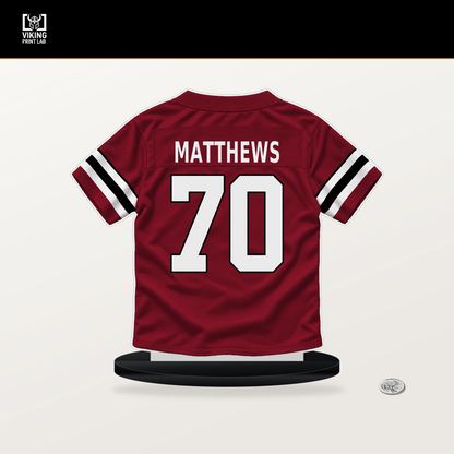 Jake Matthews number 70 Atlanta Falcons jersey stand with included black base.