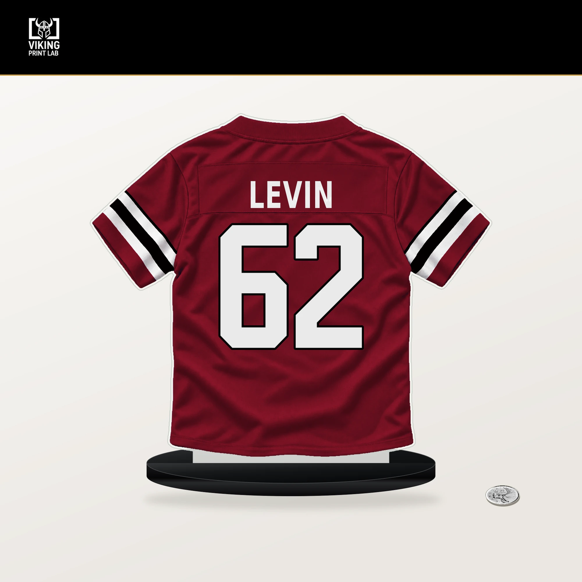 Corey Levin number 62 Atlanta Falcons jersey stand with included black base.