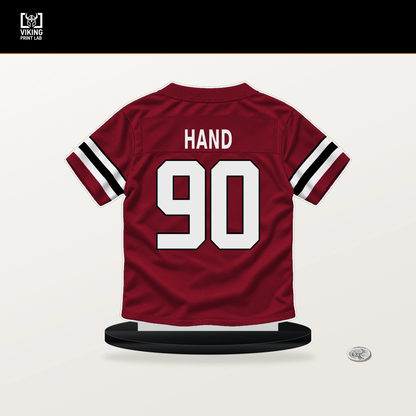 Da'Shawn Hand number 90 Atlanta Falcons jersey stand with included black base.