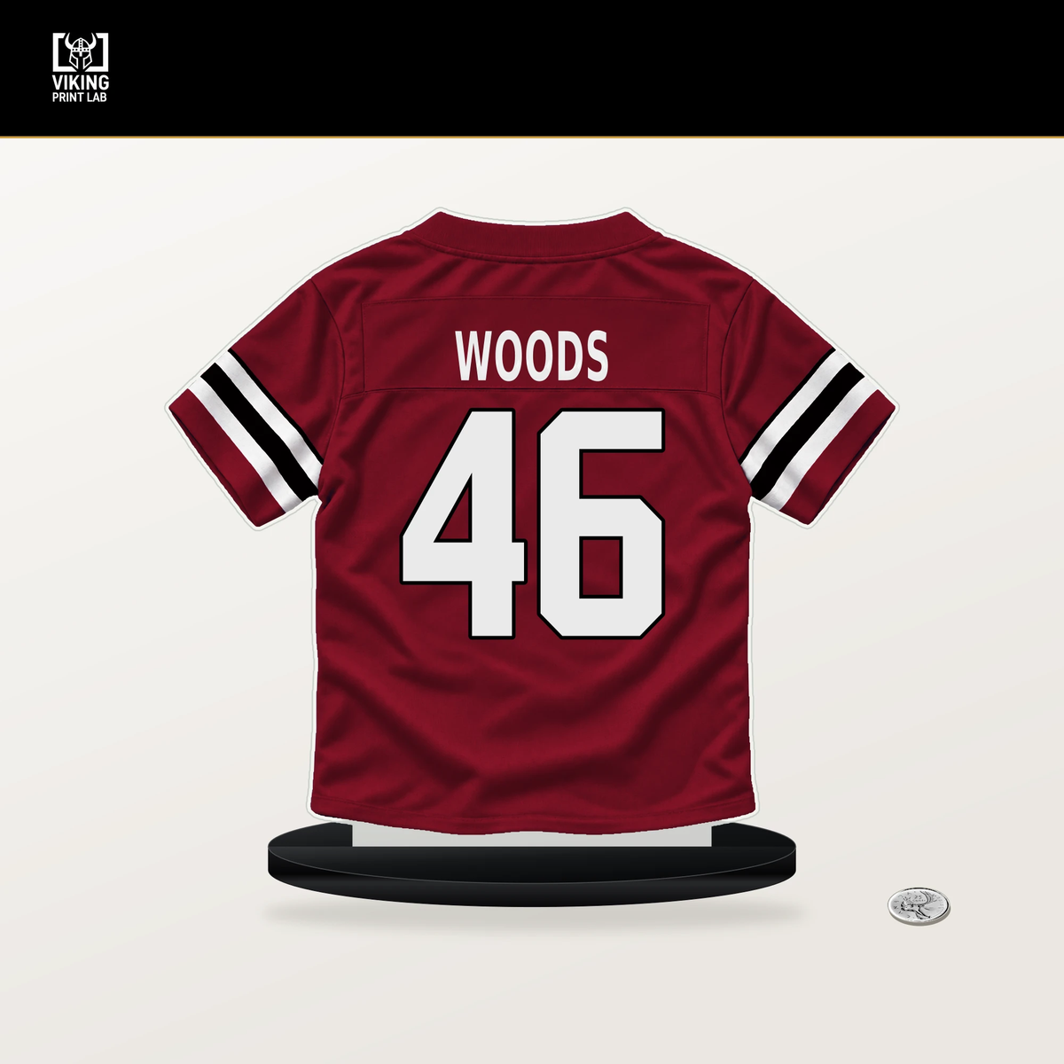 Josh Woods number 46 Atlanta Falcons jersey stand with included black base.