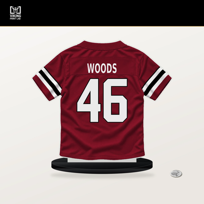 Josh Woods number 46 Atlanta Falcons jersey stand with included black base.