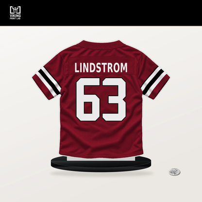 Chris Lindstrom number 63 Atlanta Falcons jersey stand with included black base.