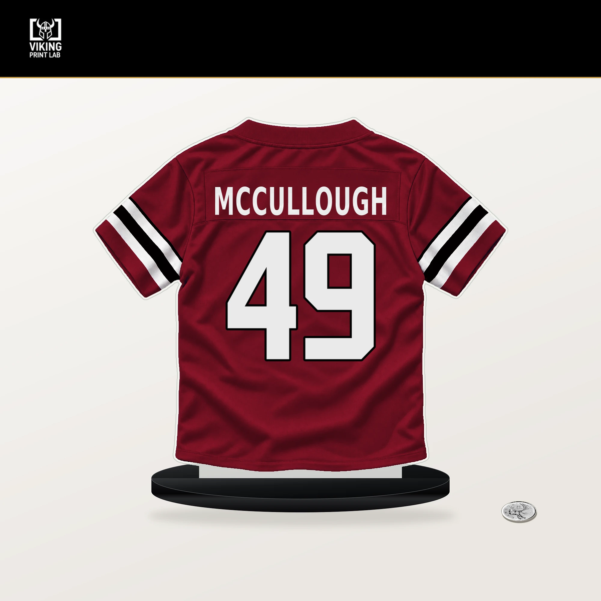 Liam McCullough number 49 Atlanta Falcons jersey stand with included black base.