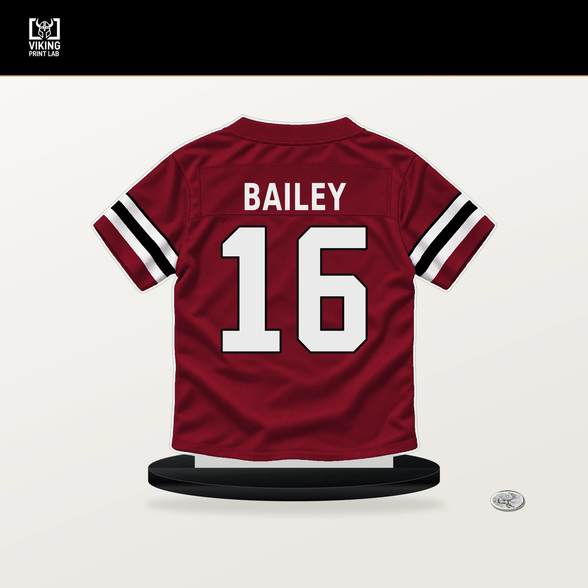 Jake Bailey number 16 Atlanta Falcons jersey stand with included black base.