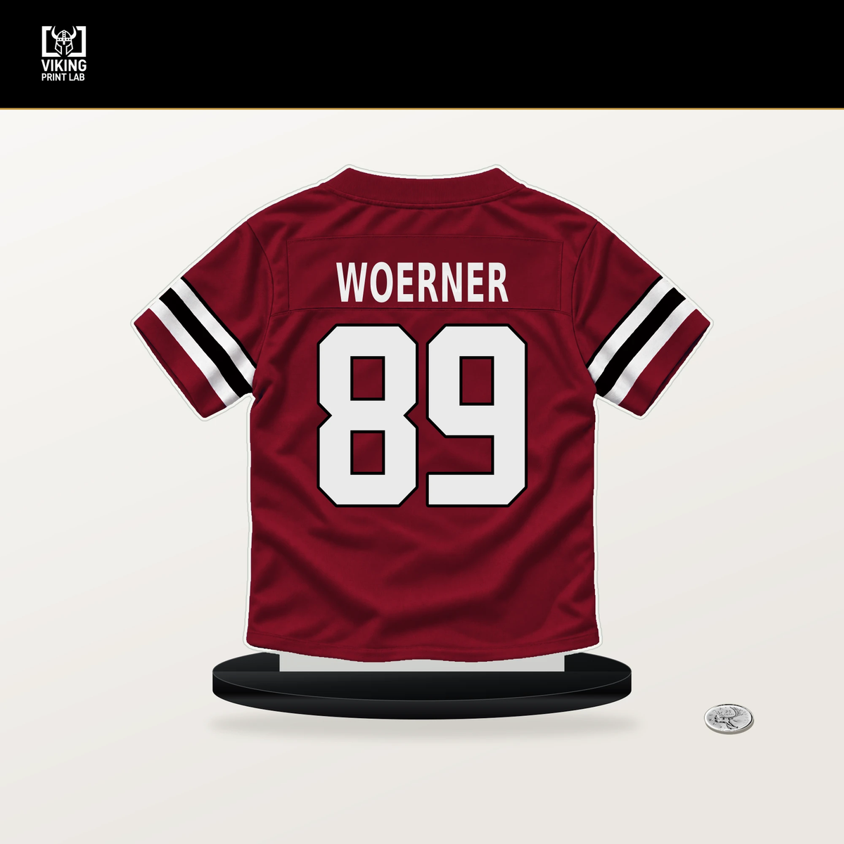 Charlie Woerner number 89 Atlanta Falcons jersey stand with included black base.