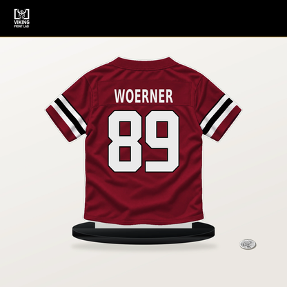 Charlie Woerner number 89 Atlanta Falcons jersey stand with included black base.