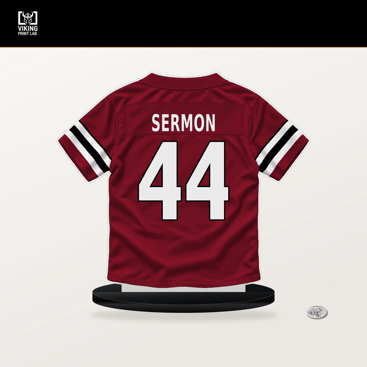 Trey Sermon number 44 Atlanta Falcons jersey stand with included black base.
