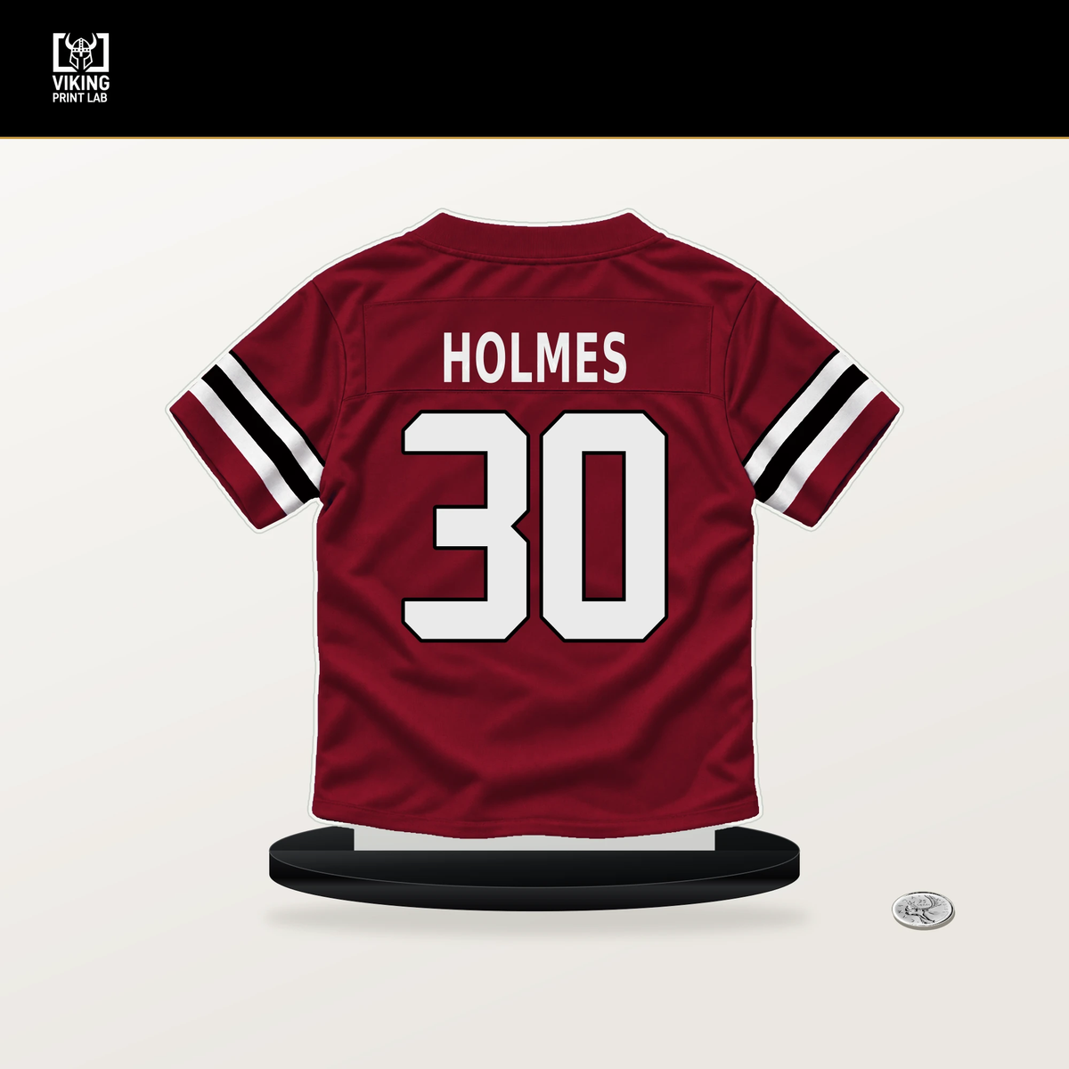 Darnay Holmes number 30 Atlanta Falcons jersey stand with included black base.