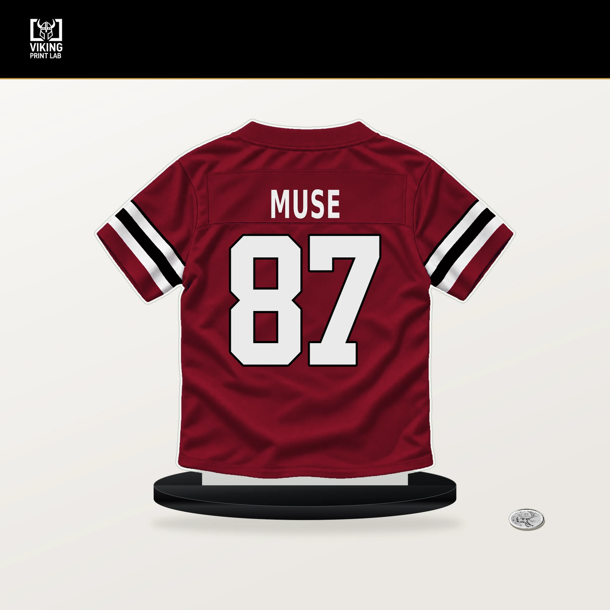 Nick Muse number 87 Atlanta Falcons jersey stand with included black base.
