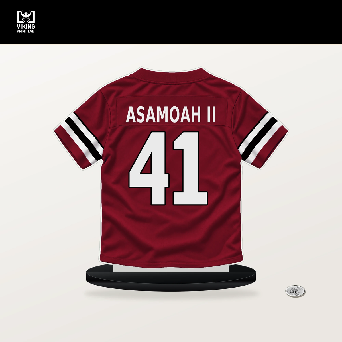 Brian Asamoah II number 41 Atlanta Falcons jersey stand with included black base.