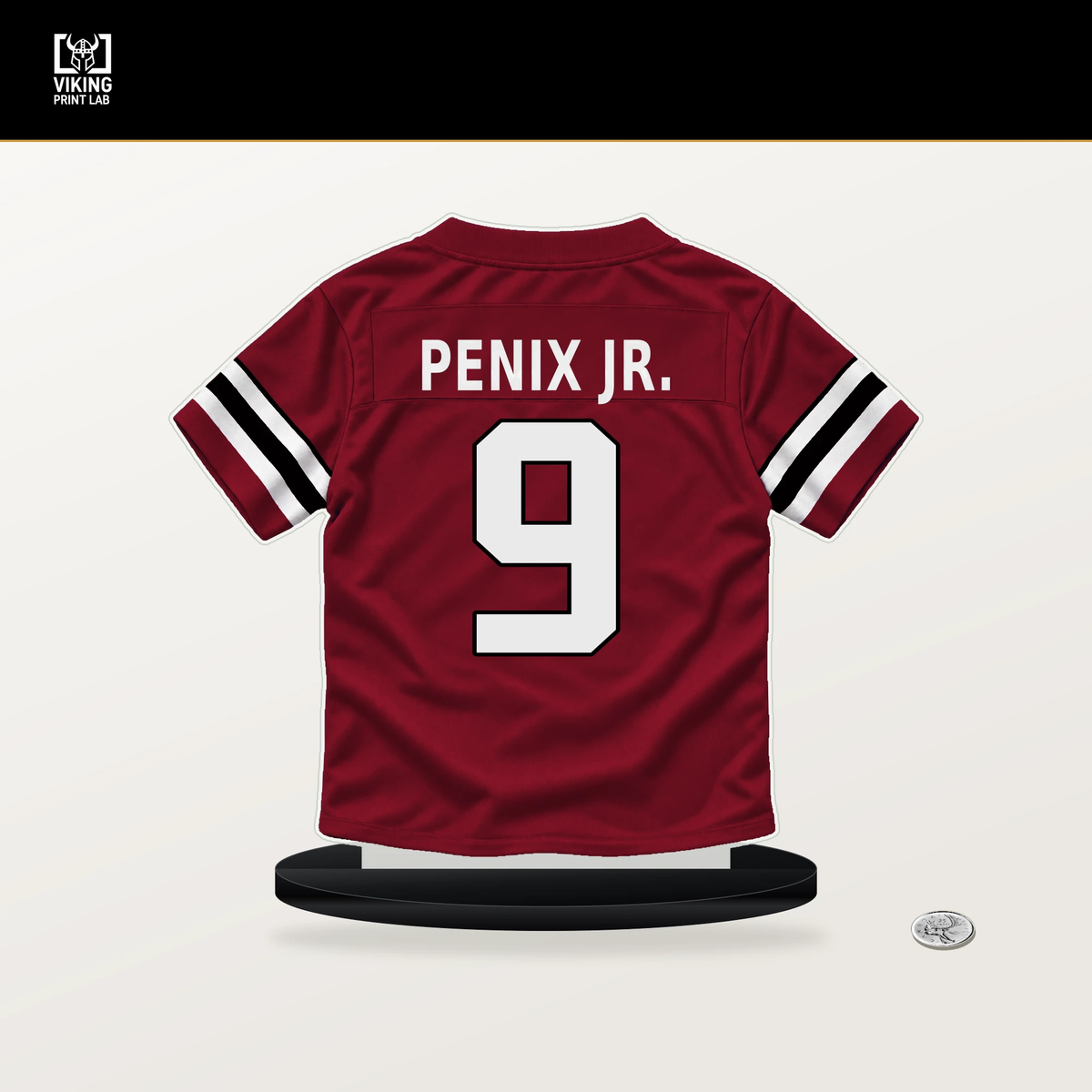 Michael Penix Jr. number 9 Atlanta Falcons jersey stand with included black base.