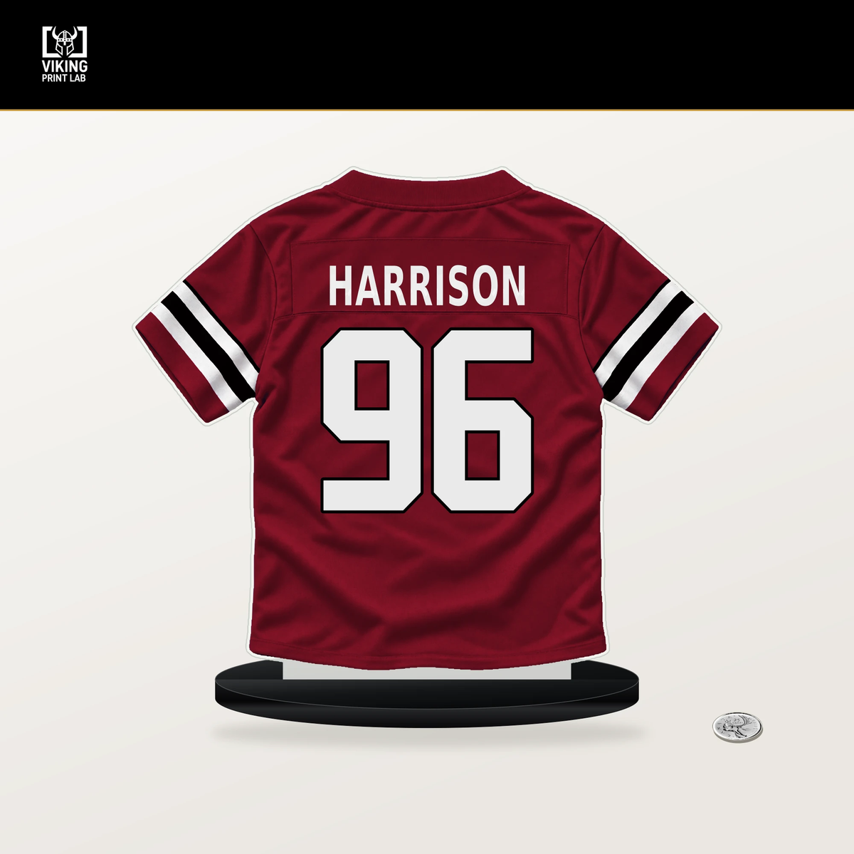 Zach Harrison number 96 Atlanta Falcons jersey stand with included black base.