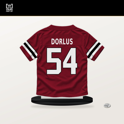 Brandon Dorlus number 54 Atlanta Falcons jersey stand with included black base.